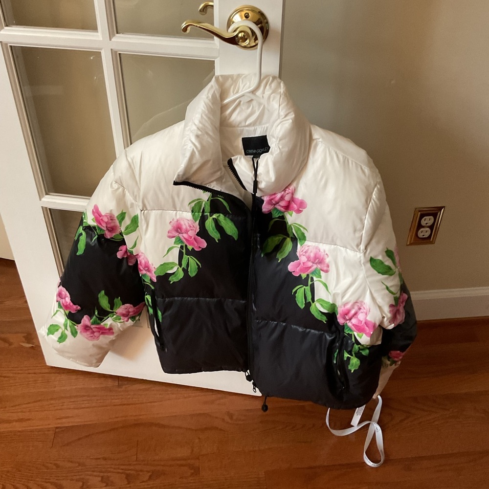 Cynthia Rowley Black and White Puffer with Pink Floral Design